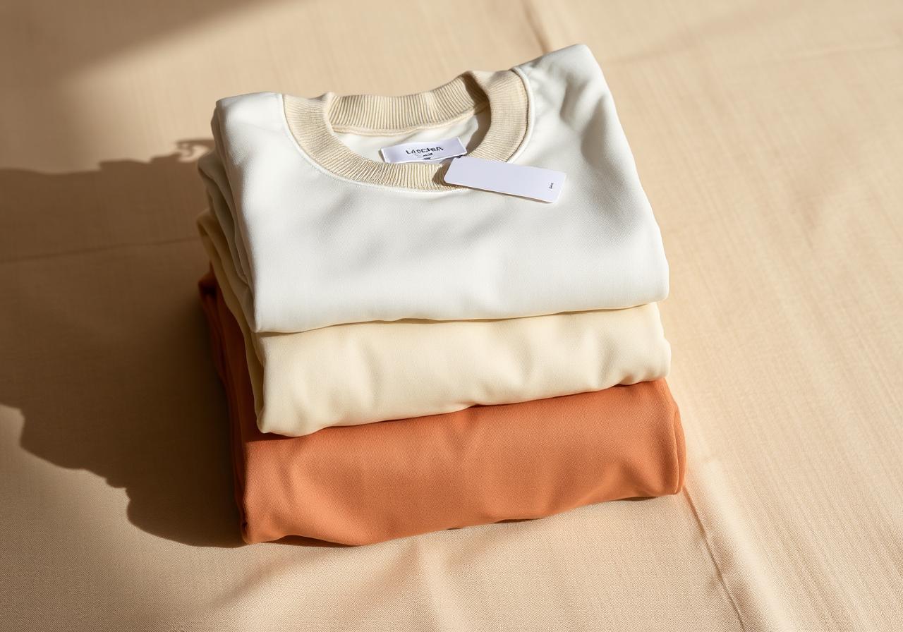 Stack of folded premium garments in muted earth tones