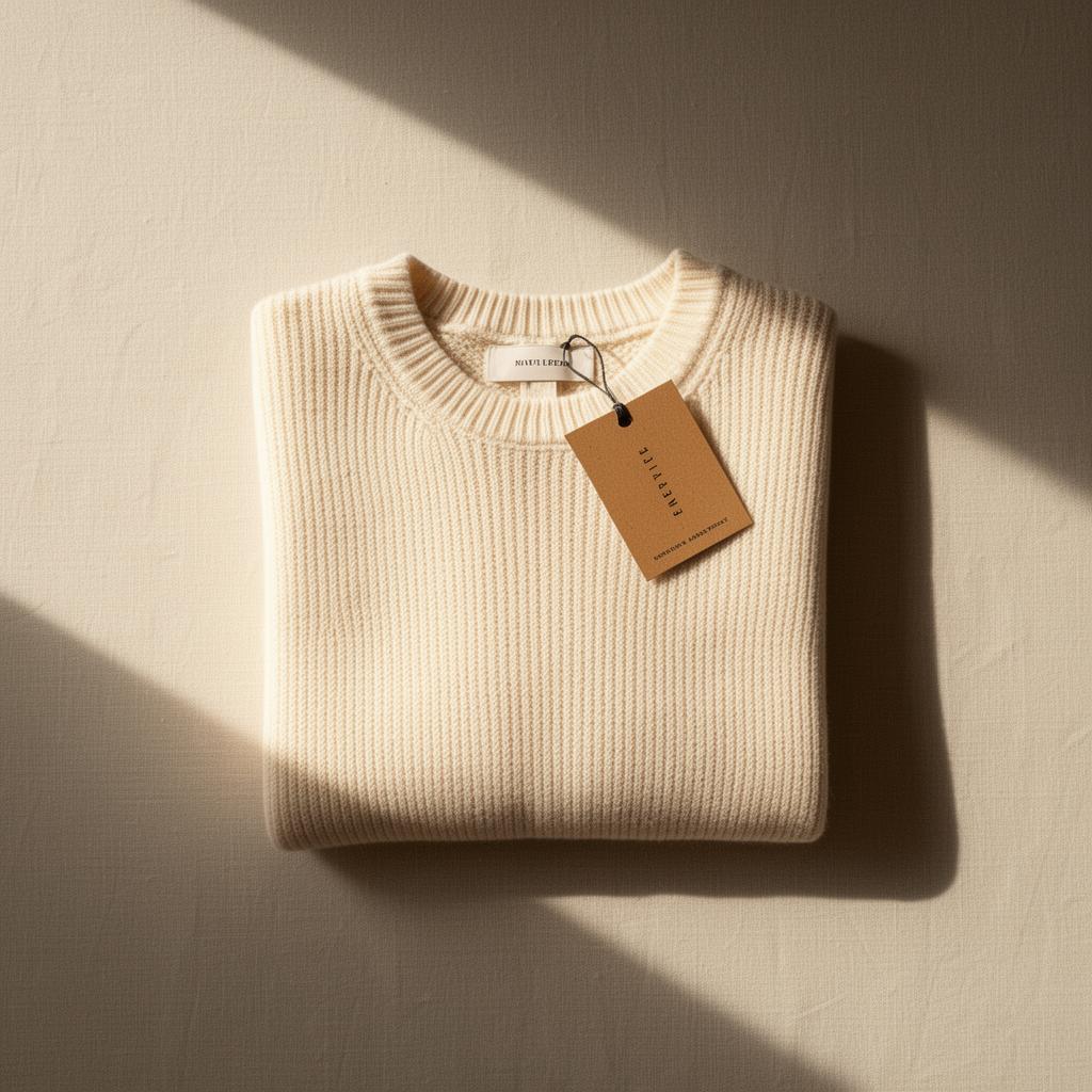Folded cream knit sweater with kraft hangtag in warm natural light