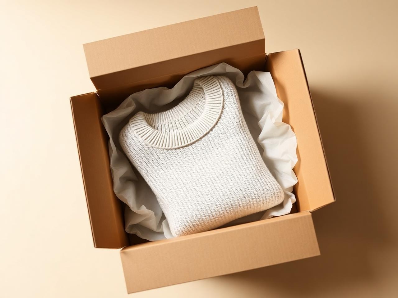 Open kraft return box with a folded cream knit garment inside