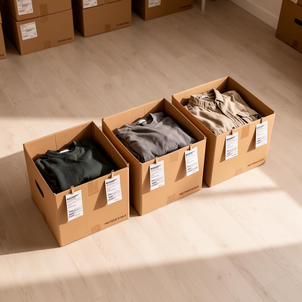 Three labeled return-routing bins with folded garments under warm light